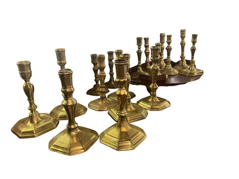 Copper candlesticks pairs and singles